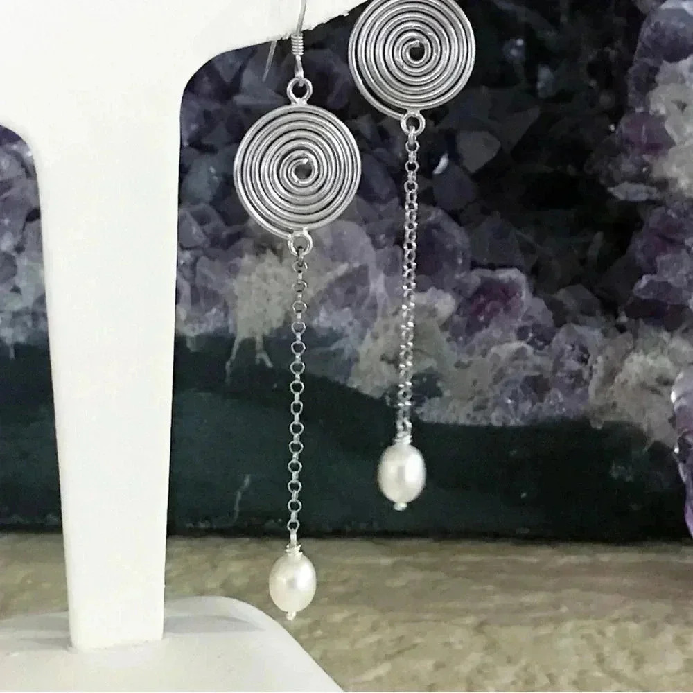 Coiled Pearl Earrings,Shoulder duster Earrings,White Pearl Earrings,Long Earring - Picture 3 of 4